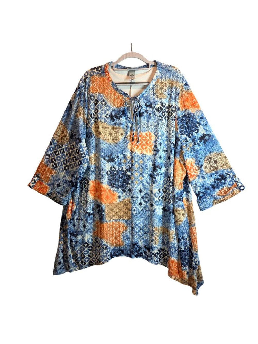 Catherines Womens 3X Tunic Top Blue Orange Abstract Print Asymmetrical Hem 26/28
